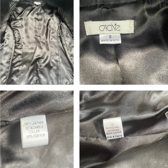 CACHE QUILTED SOFT LEATHER FOX FUR DETACHABLE COLLAR, SILVER DETAILING ON JACKET - Picture 5 of 16